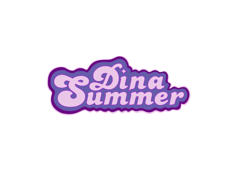 Seventies script logotype exploration, pale pink with a purple outline