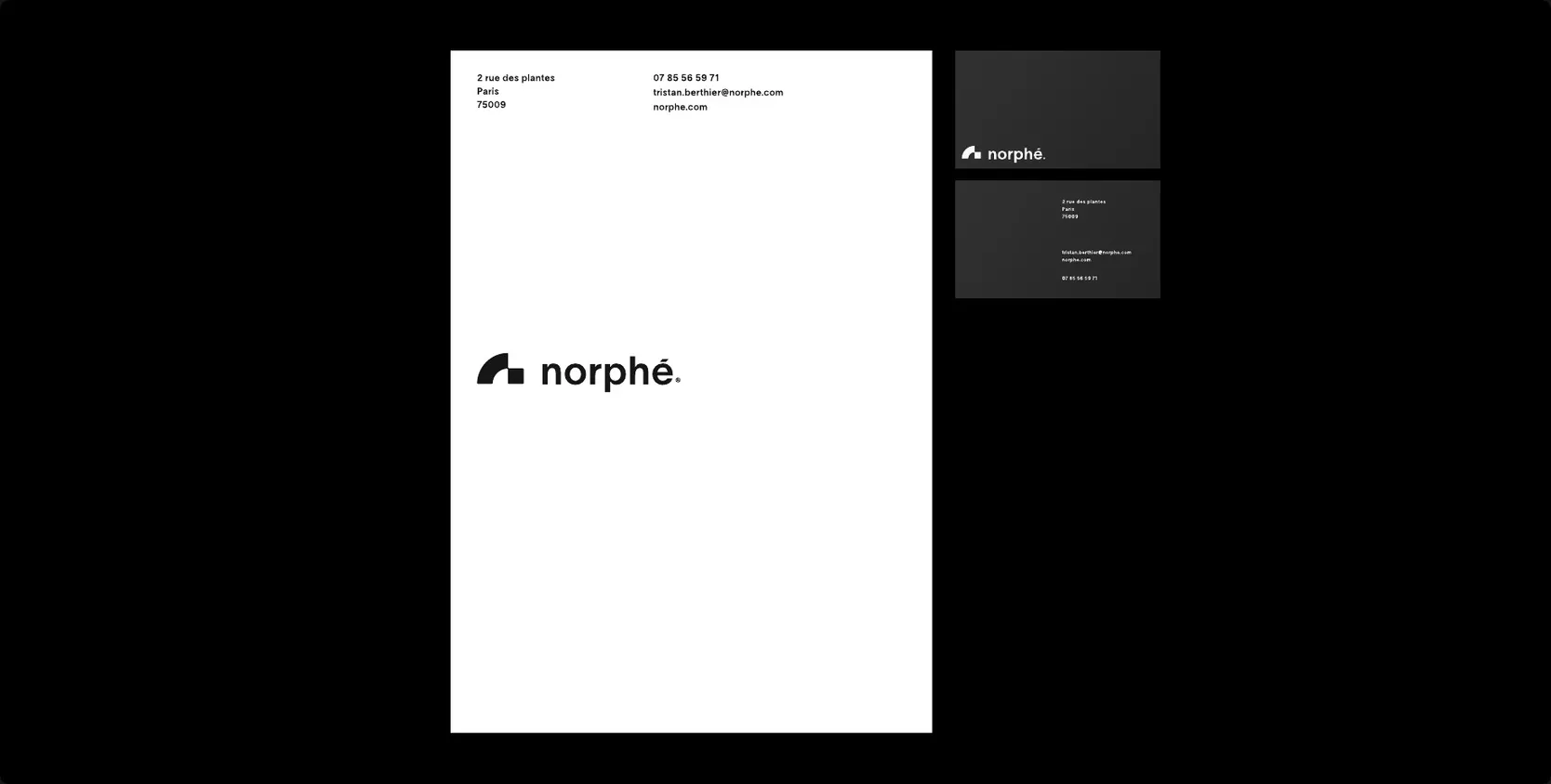 Norphé stationery: A4 letterhead and two business cards on black.