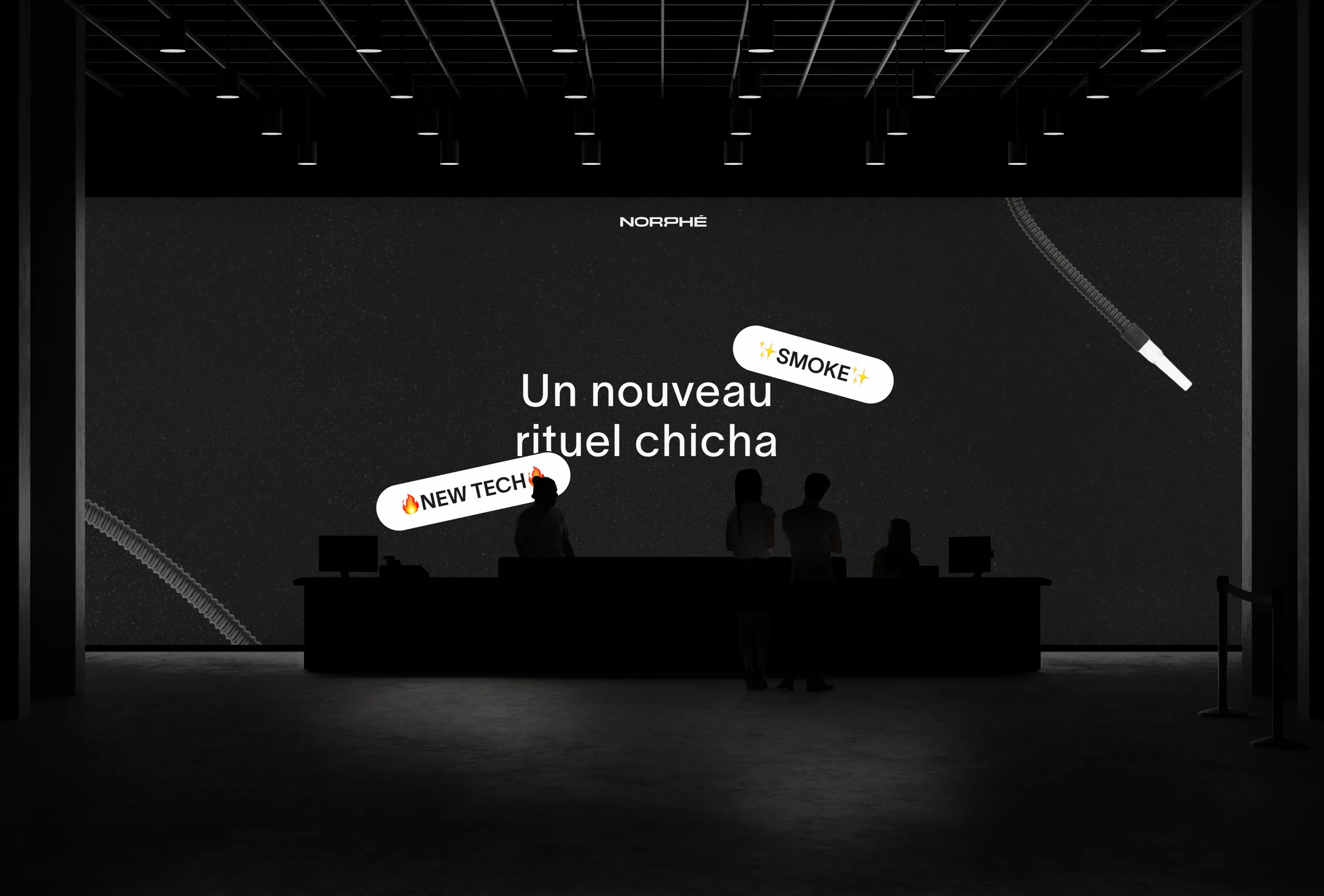 Norphé showroom stand, screen reading “Un nouveau rituel chicha”.