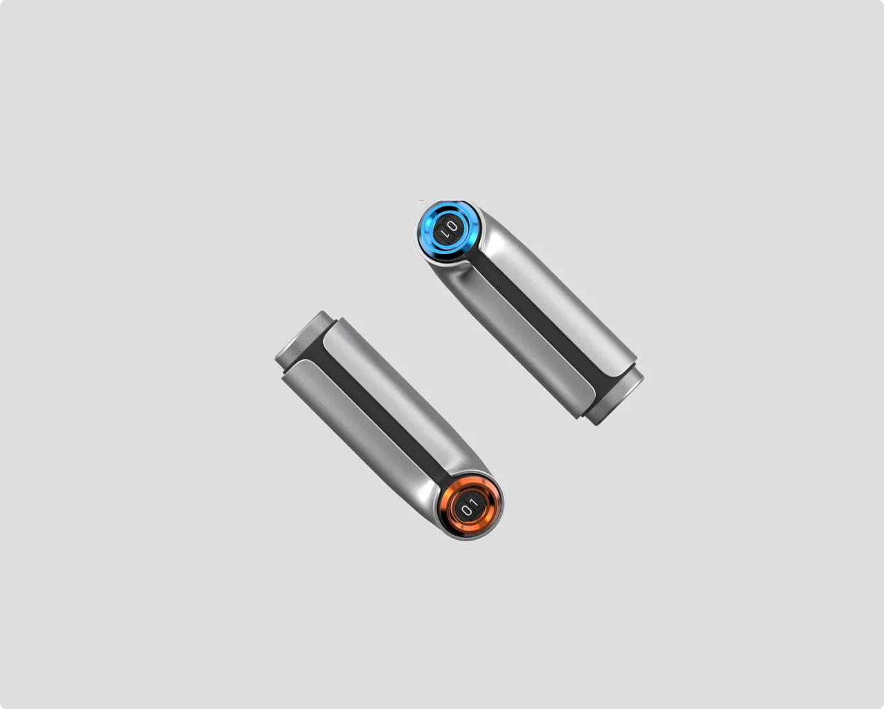 Light grey panel showing two Syno capsules, their lit rings in blue and orange