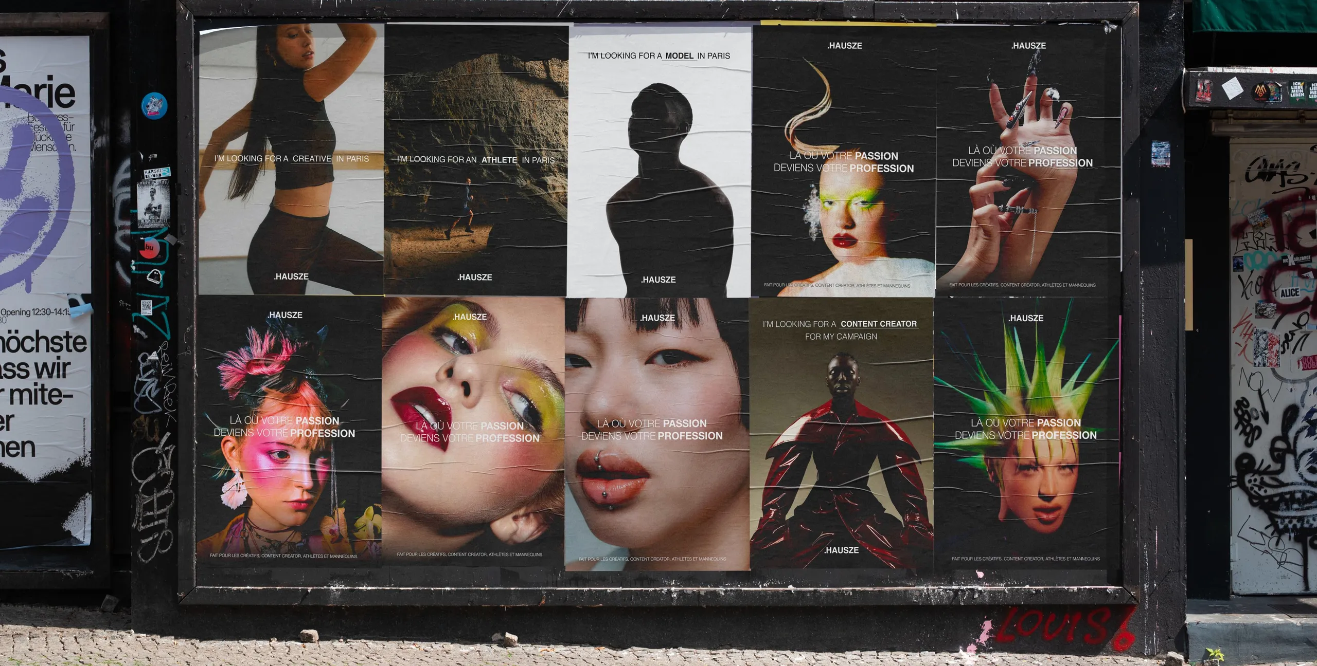 Outdoor billboard wall covered with HAUSZE visuals