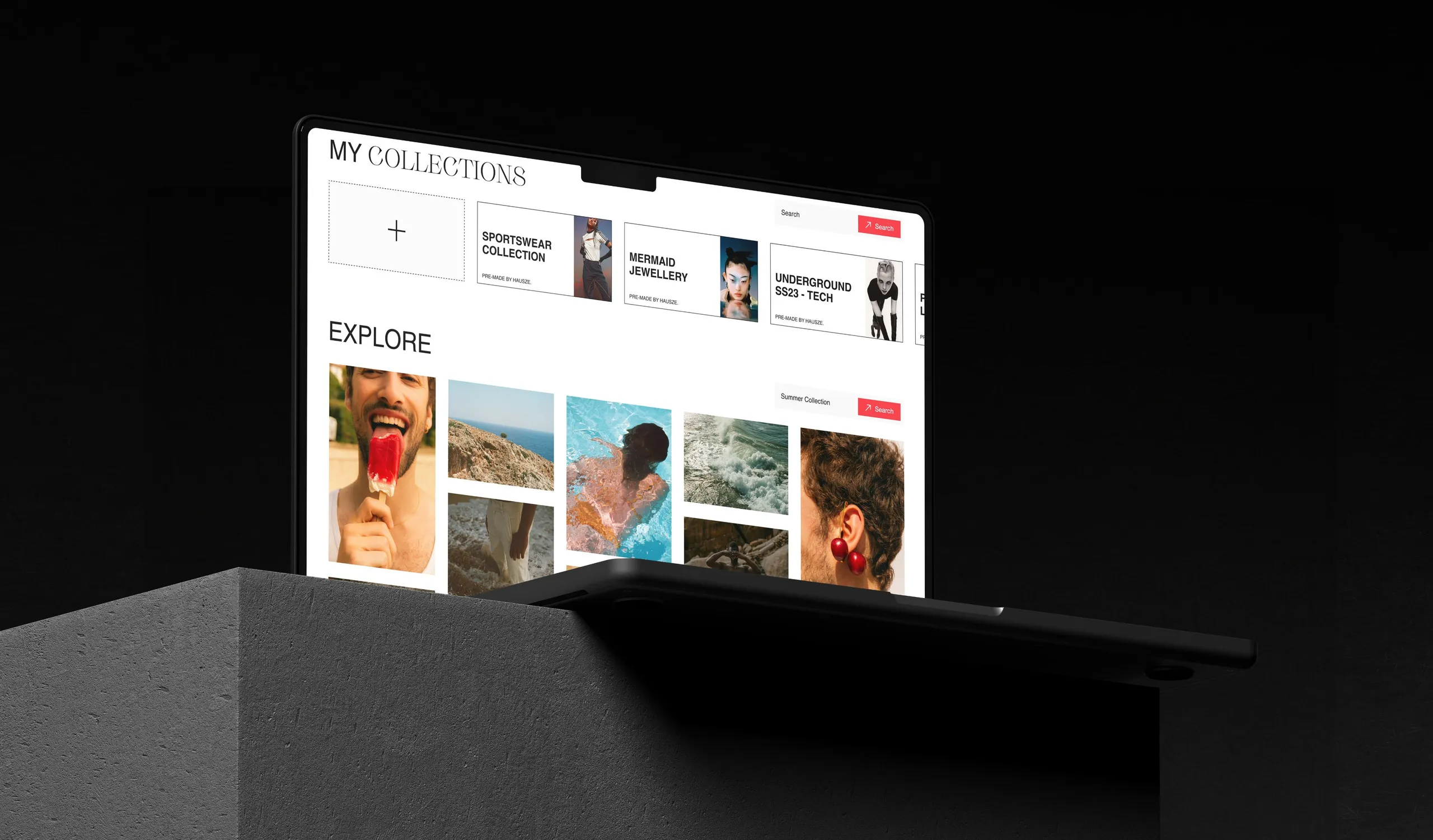 MacBook mockup showing the HAUSZE “My collections” page