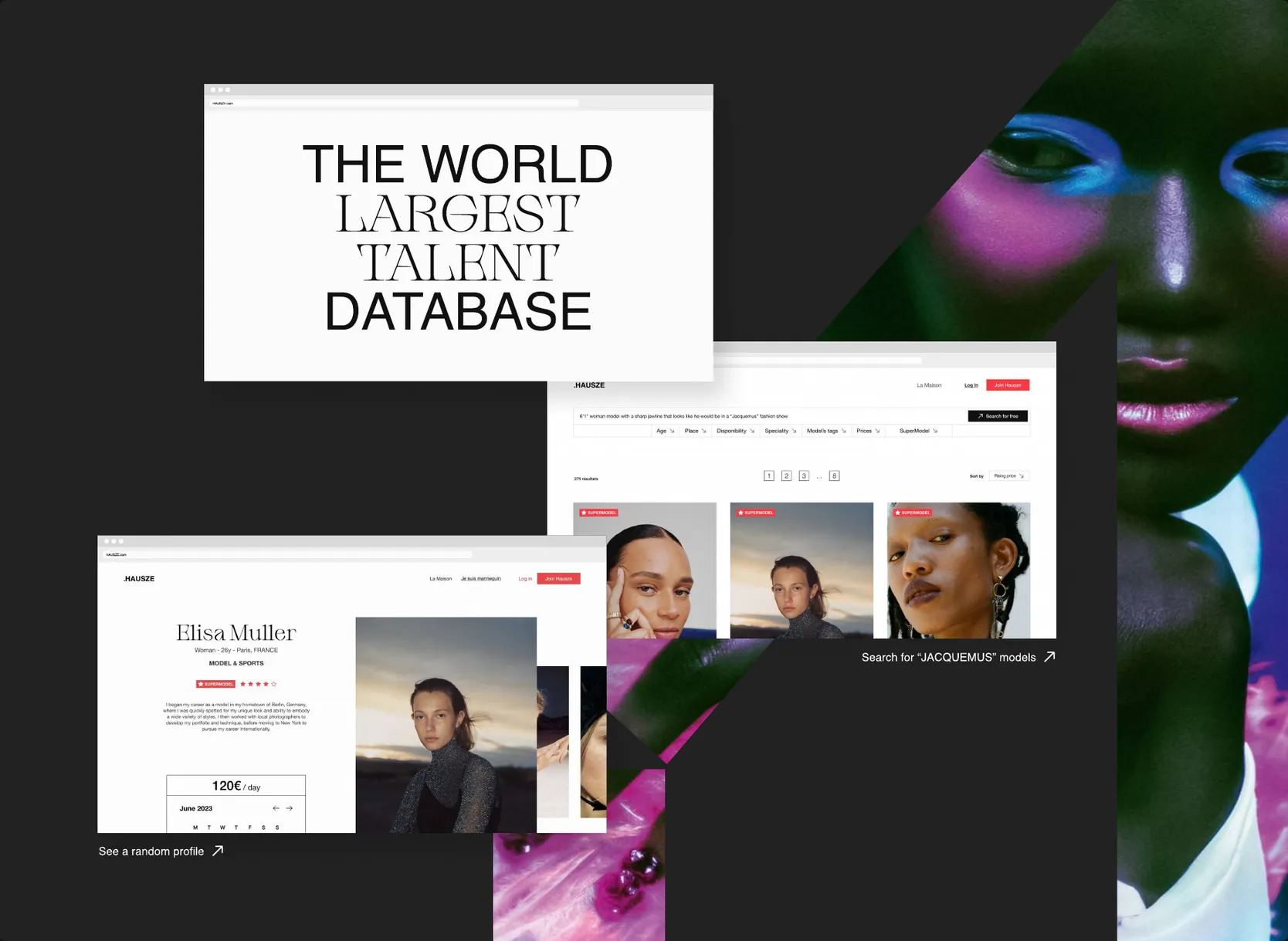 Dark panel showing the HAUSZE interface: talent database and profile cards