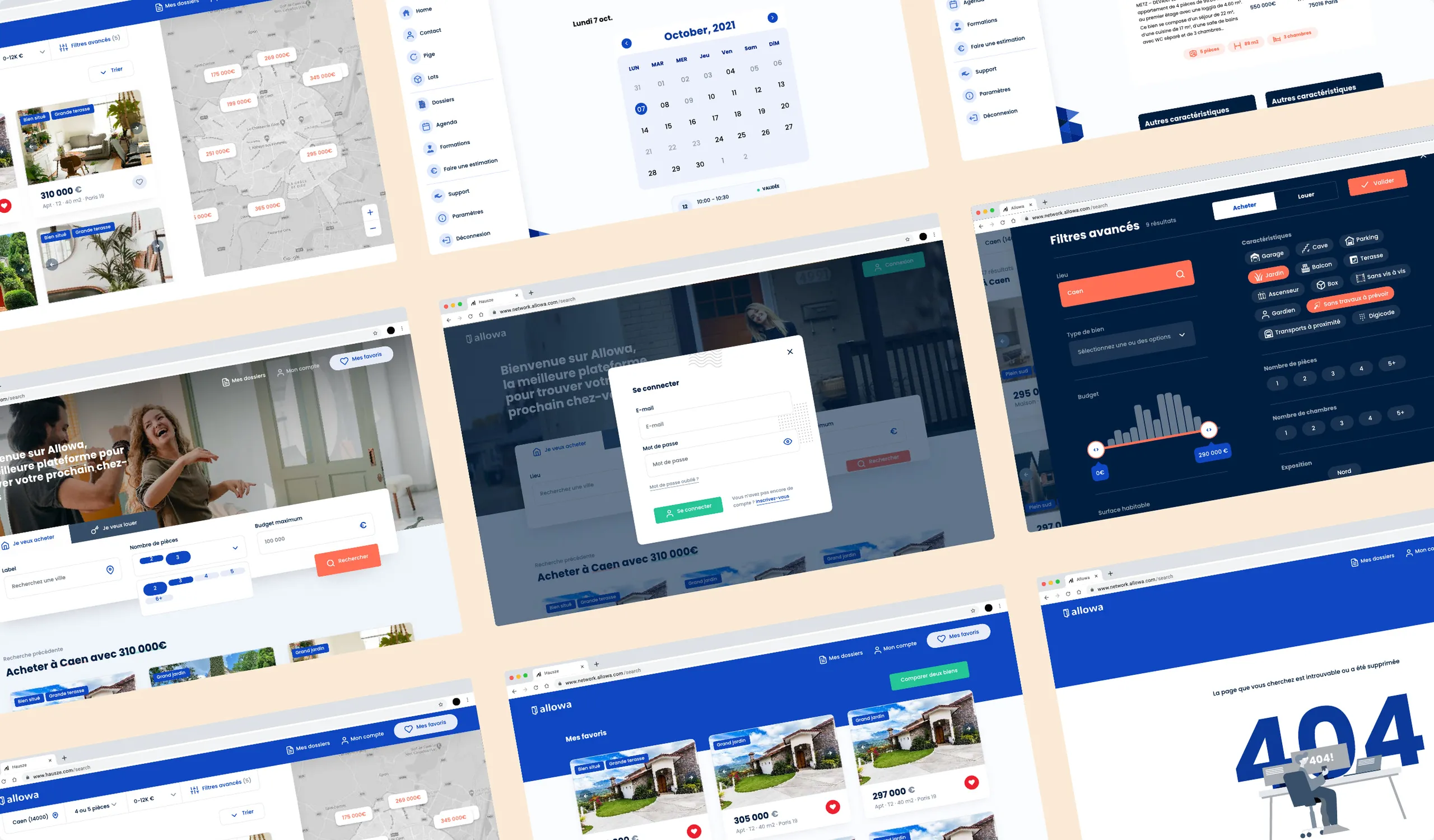 Nine browser windows showing pages of the Allowa website on a sand ground.