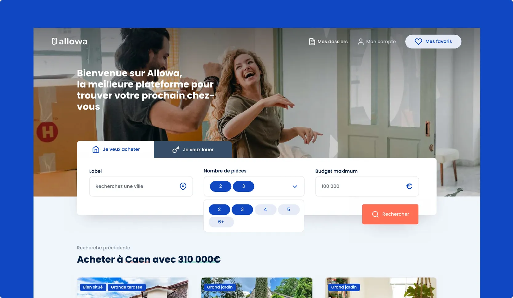 The Allowa home page on a blue ground.