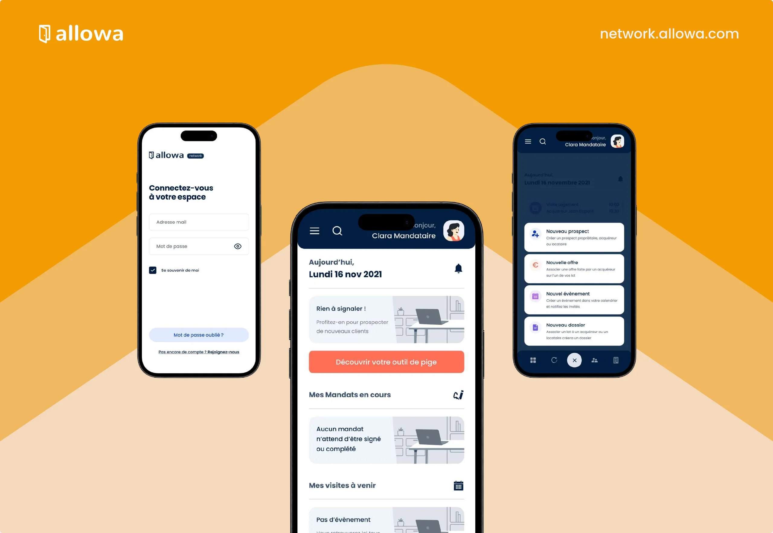 Three iPhone mockups of the Allowa app on an orange ground.