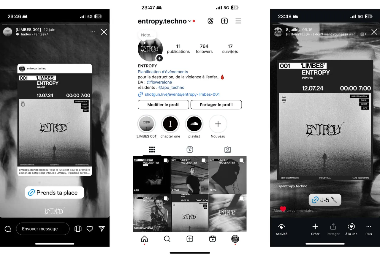 Three iPhone mockups: a story, the entropy.techno profile, a J-5 story