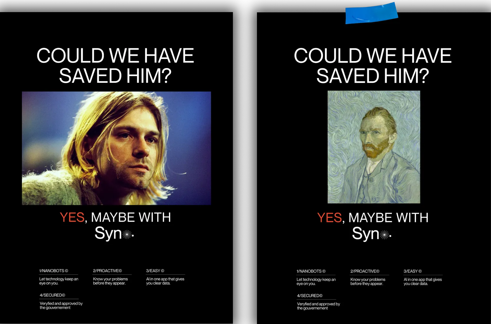 Two Syno posters reworking old portraits, held up with tape