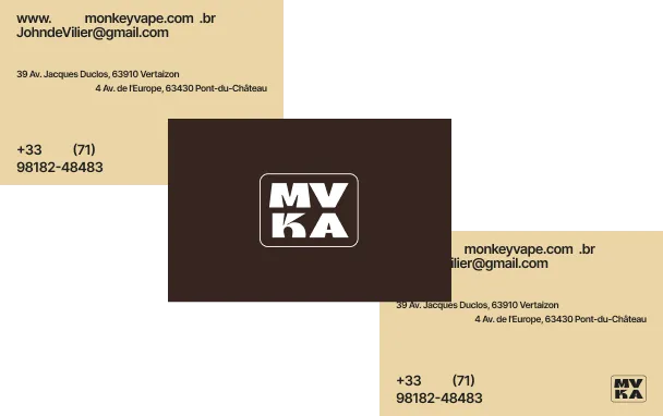 Monkey Vape business cards, sand front and brown back with the MV KA logo
